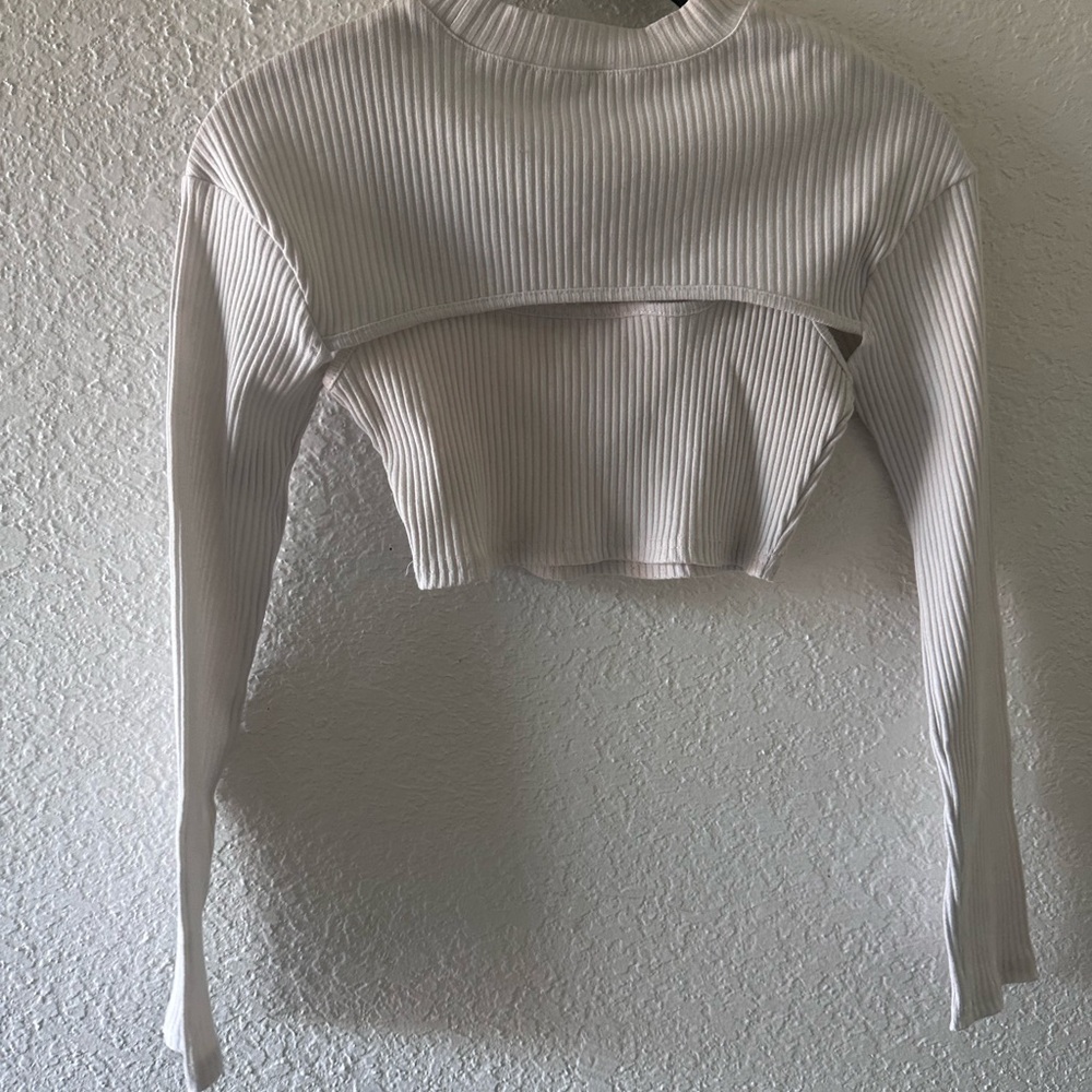 Women's Cream Ribbed Long Sleeve Top